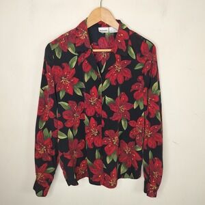 Liz Baker Vintage Floral Blouse Button Up Red Lily